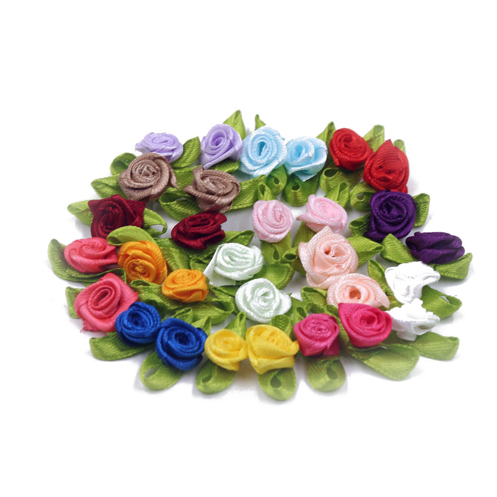 10 PK Small Mini Satin Ribbon Rose Buds Flowers Leaves Embellishment 1