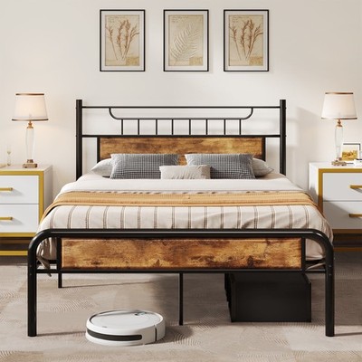 Farmhouse Queen Metal Platform Bed Frame W/ Headboard & Soundproof Cotton Black