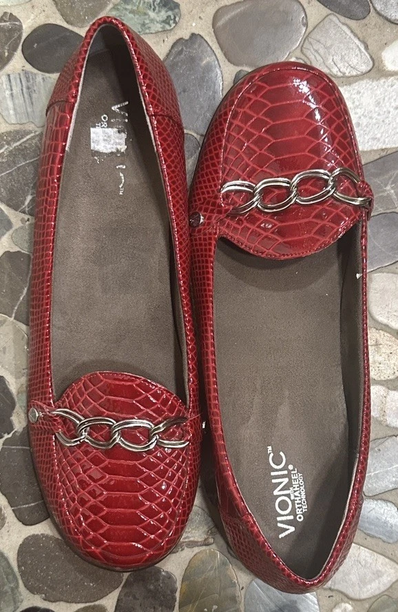 Zapato Vionic Alda Mujer Talla 10 Rojo Lagarto Cuero Plano Orthaheel Cadena Mocasín Foto 3 de 4