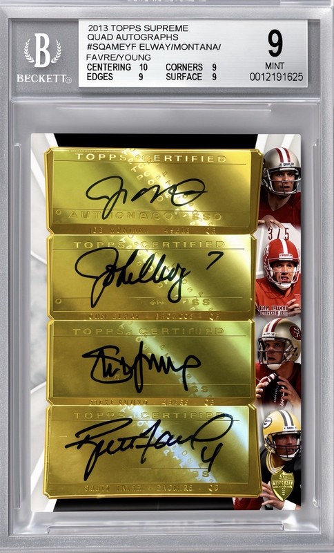 2013 Topps Supreme Joe Montana/Elway/Steve Young/Brett Favre Quad Auto 3/5 BGS 9