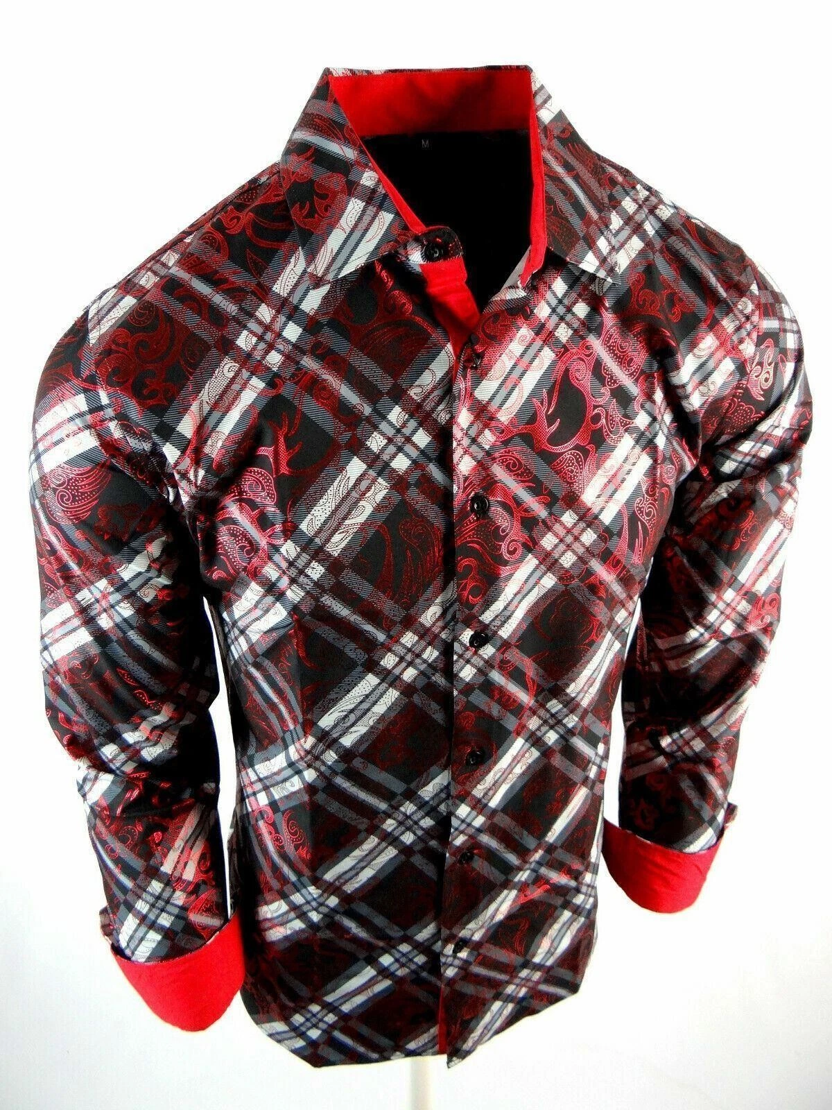 Mens Shirt Black Plaid Red Metallic Paisley Overlay Smooth Stretch Button Up