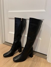 Black Faux Leather Square Toe Block Heel Knee-High Boots Size 10 Women's