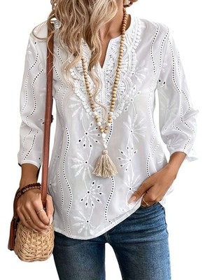 Damen-Bluse mit 3/4-Ärmeln, Ösenstickerei, Sommer-Boho-Bluse mit Gekerbtem 3750