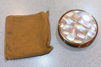 Max Factor Creme Puff Compact Gold Tone Mother of Pearl Inlay Vintage Makeup