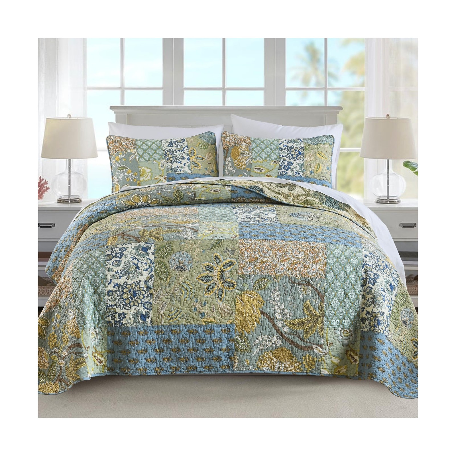 California King Size, 100% Cotton Patchwork Green Bohemian .