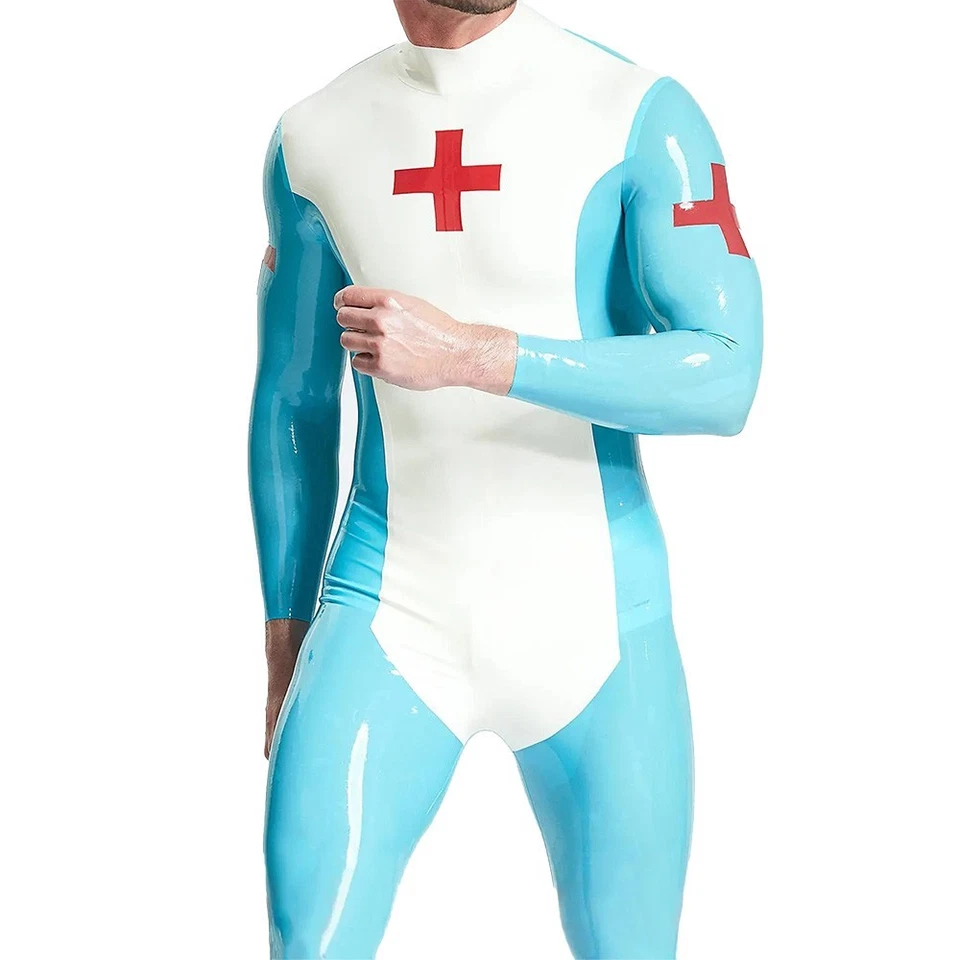 Latex Krankenschwester Uniform hellblau Gummi Catsuit für Männer Cosplay Party Fetisch BDSM - Bild 3 von 4