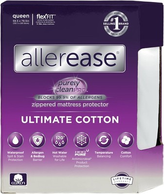 AllerEase Ultimate Zippered Mattress Protector Queen Size White Waterproof Cover
