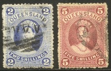 QUEENSLAND #79, 81 Used - 1886 2sh-5sh Victoria Issues ($102)