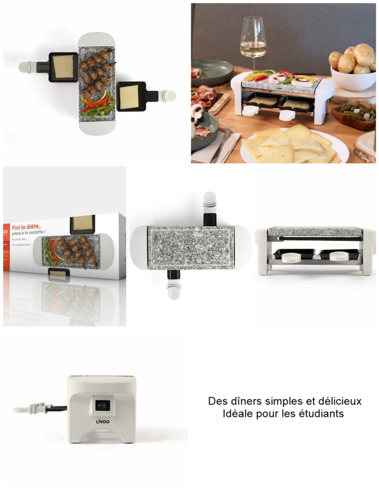 Appareil à raclette 2 personnes blanc de 350W compact avec gril pierre