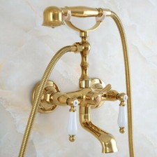 Gold Color Brass Clawfoot Bathtub Tub Filler System Tap Hand Shower Faucet Set