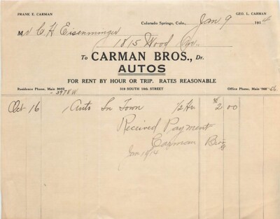 Billhead, Carman Bros, Autos, ''Rent By Hour Or Trip'', Colorado Springs CO 1914