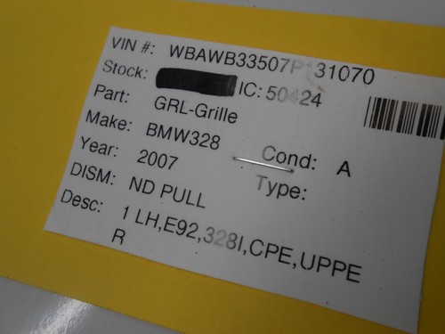 2006-08 BMW 3 Series E92, 338I Coupe Left Kidney Grille Chrome & Black AB0121 - Picture 5 of 6