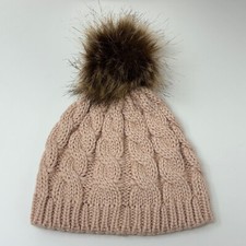 Toby  Me Girls One Size Beanie Hat Blush Pink Sweater Knit Faux Fur PomPom