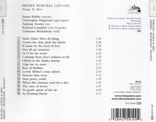 Purcell – Emma Kirkby, Rooley Hogwood " Songs & Airs "L'Oiseau-Lyre–475 9109- CD - Imagen 2 de 3