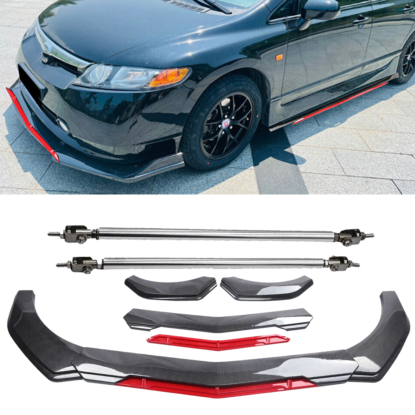 Carbon Fiber Front Bumper Lip Spoiler Splitter with Strut Rod for Honda Civic SE
