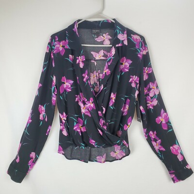 Free Press XS Black Long Sleeve Lavendar Flowers Criss Cross Front Hi/low Blouse