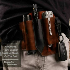 EDC Leather Sheath For Knife Belt Flashlight Holster Multitools Organizer USAA