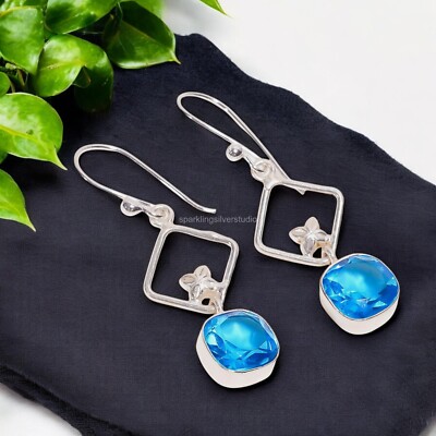 Swiss Blue Topaz Gemstone 925 Sterling Silver Drop Mothers Gift Earrings Jewelry