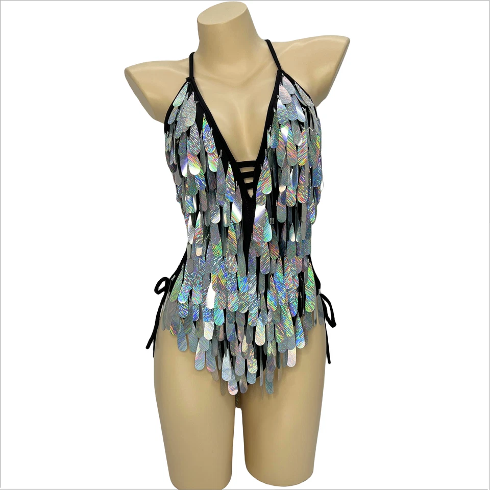 Flashing Sequins Carnival Dance Costume Evening Singer Nightclub Bar Bodysuit - Image 4 of 4