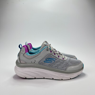 Skechers D LUX Walker Gray Teal Purple Comfort Walking Shoes Women's Size 8.5