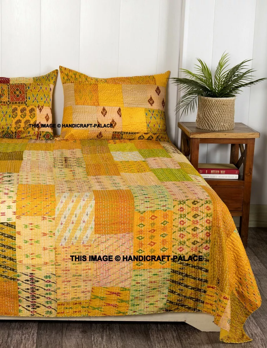 Yellow Silk Bedspread Kantha Quilt Reversible Silk Patchwork King Throw Decor