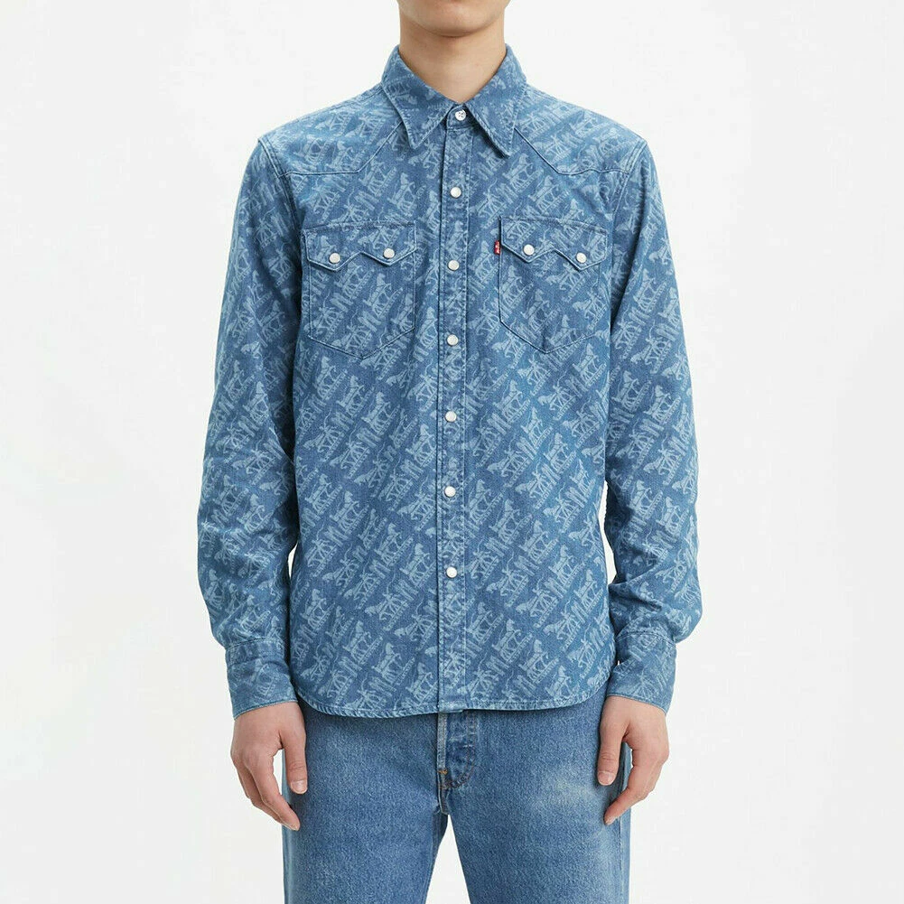 Levis Mens Classic Casual Printed Denim Shirt Sawtooth Long Sleeve Button 0104