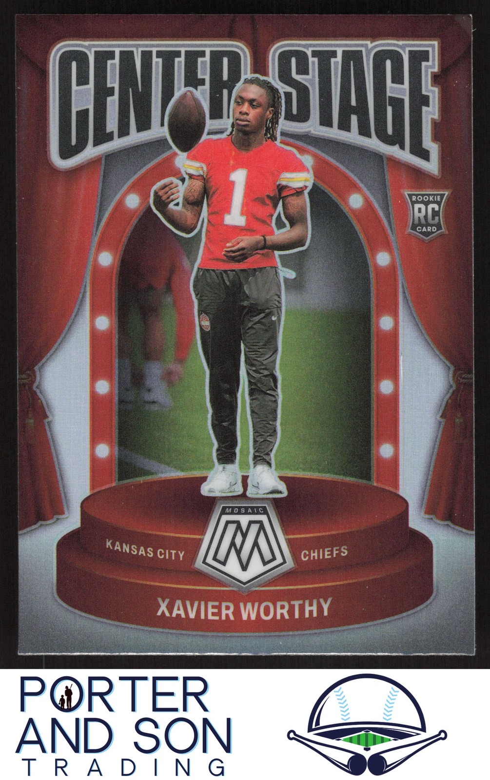 Xavier Worthy RC Center Stage Silver 2024 Panini Mosaic #5 Kansas City Chiefs