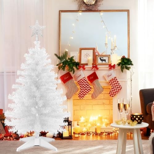 3 Ft Artificial Christmas Tree for Tabletop, Foldable Xmas Tree with 4 White