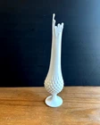 Vtg Fenton White Milk Glass Hobnail Swung Vase Stretch Pedestal 15"x3" MCM 70’s