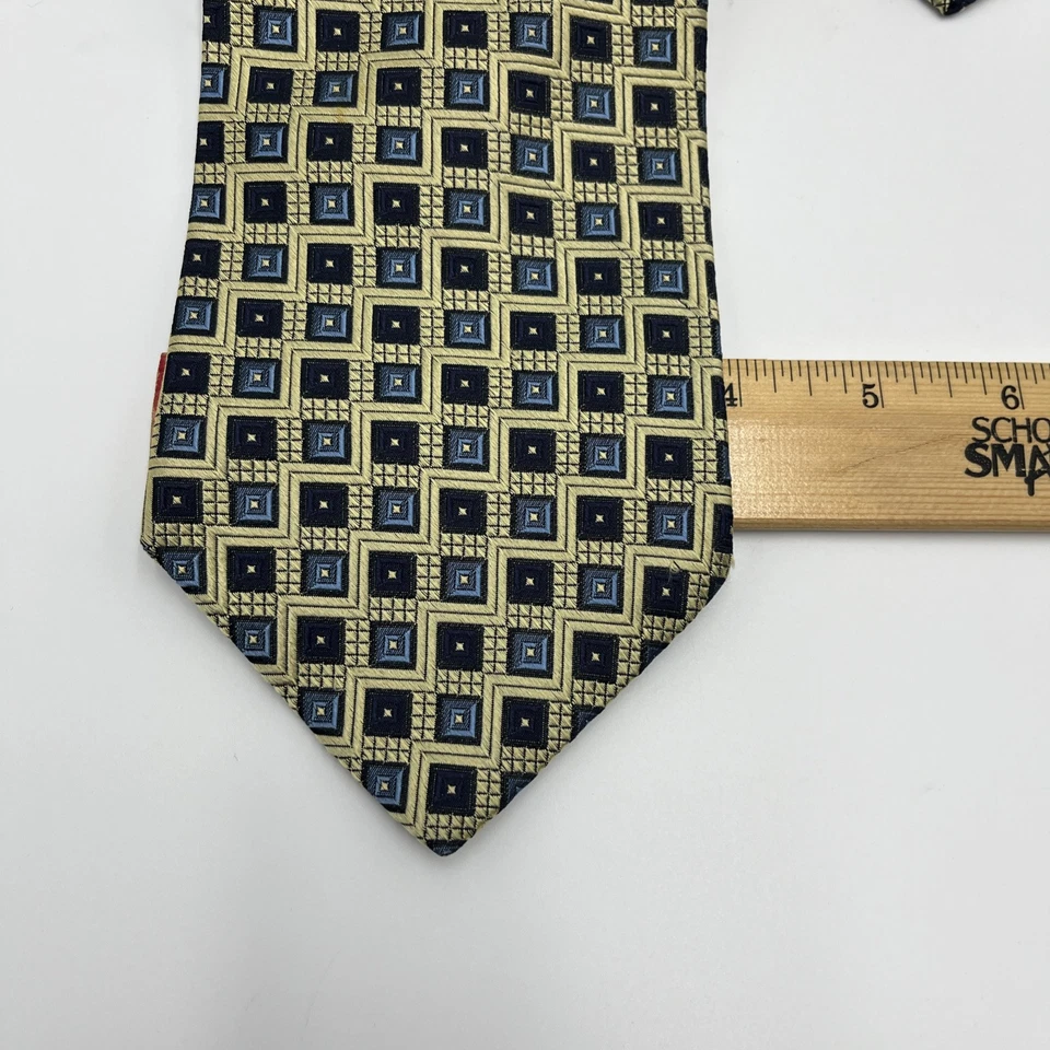 Corbata vintage Lord & Taylor 100 % seda estampado geométrico medallón dorado azul Foto 4 de 4