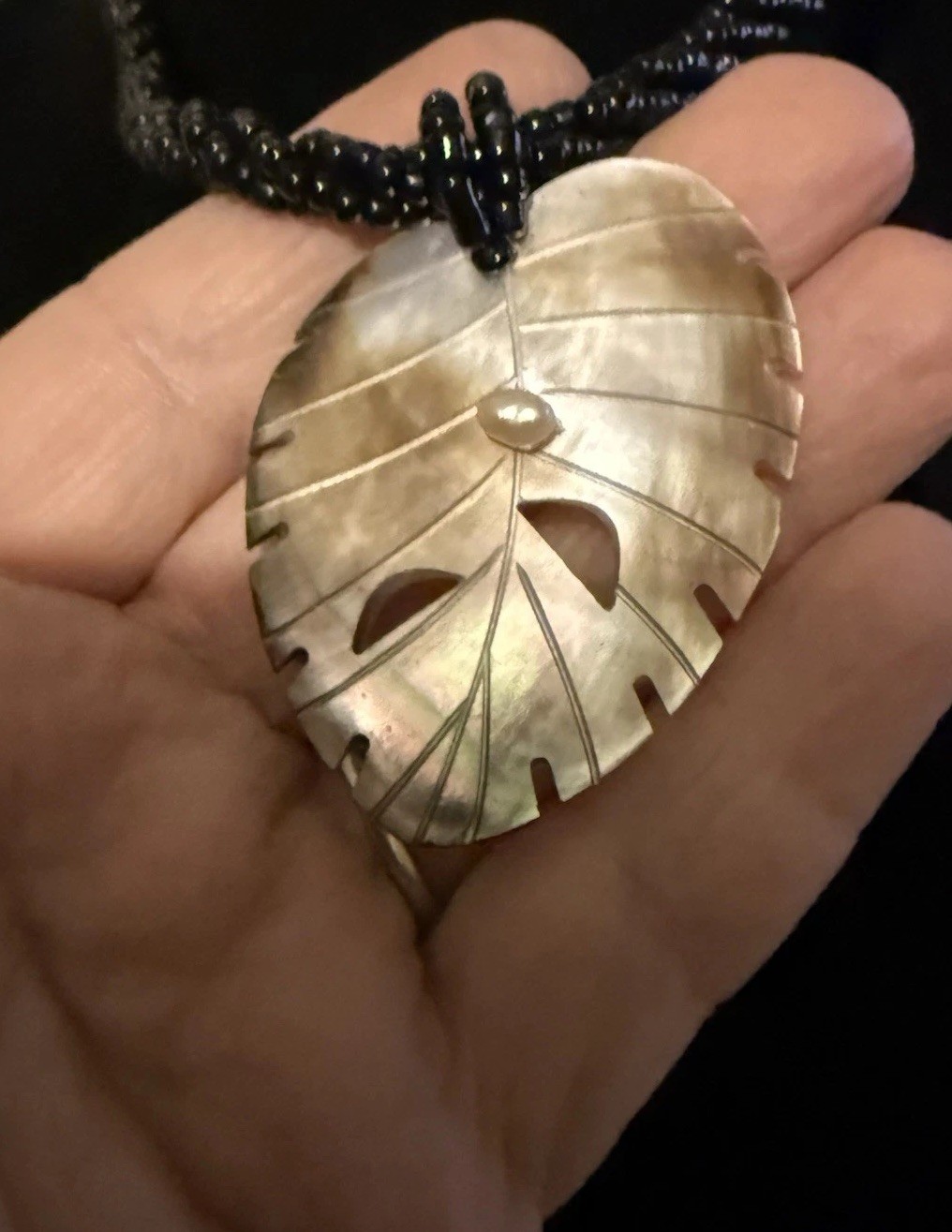 Vintage  shell MOP Monstera leaf Double strand Bl… - image 6