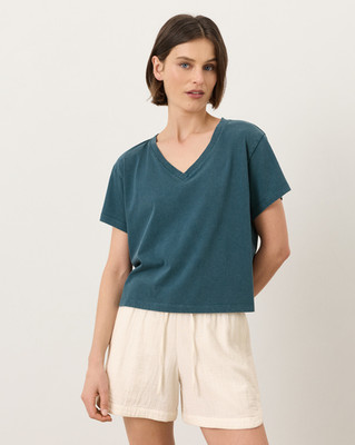 PACT Organic Vintage Jersey V-Neck Tee, Washed Deep Aqua