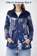 Chico  s Sz 4 18/20 Zengry Floral Hooded Jacket Zip-Up Stretch Blue/Paisley