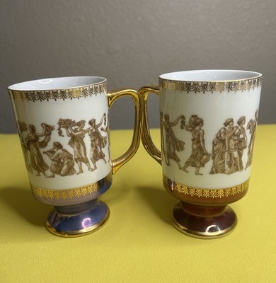 Vintage Royal Crown Arnart Smug Mugs (2) Japan Greek Design Gold Luster Finish
