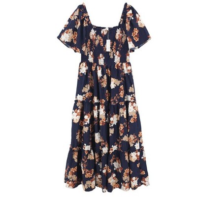 NWT BALTIC BORN Southampton Smocked Maxi Dress Navy Blue Floral Tiered Ruffle XL