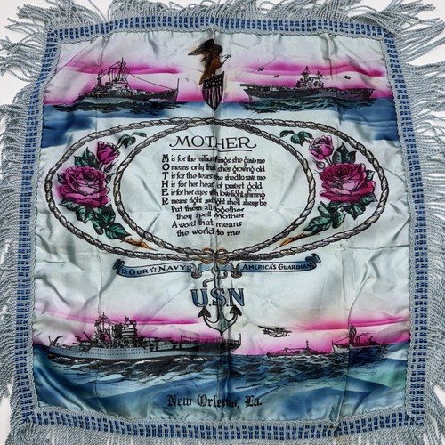 Vintage Pillow Case USN MOTHER Poem Pink Blue fringe Satin/Silk New Orleans La.