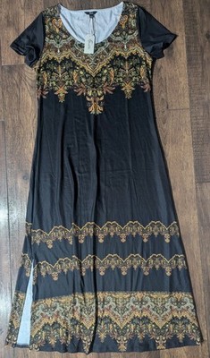 Shall We Womens Black & Gold Colorful Paisley Print Maxi Dress Size L NWT Unique