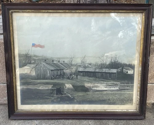 Large Antique Framed Civil War Albumen Photo - Company of Soldiers at Barracks