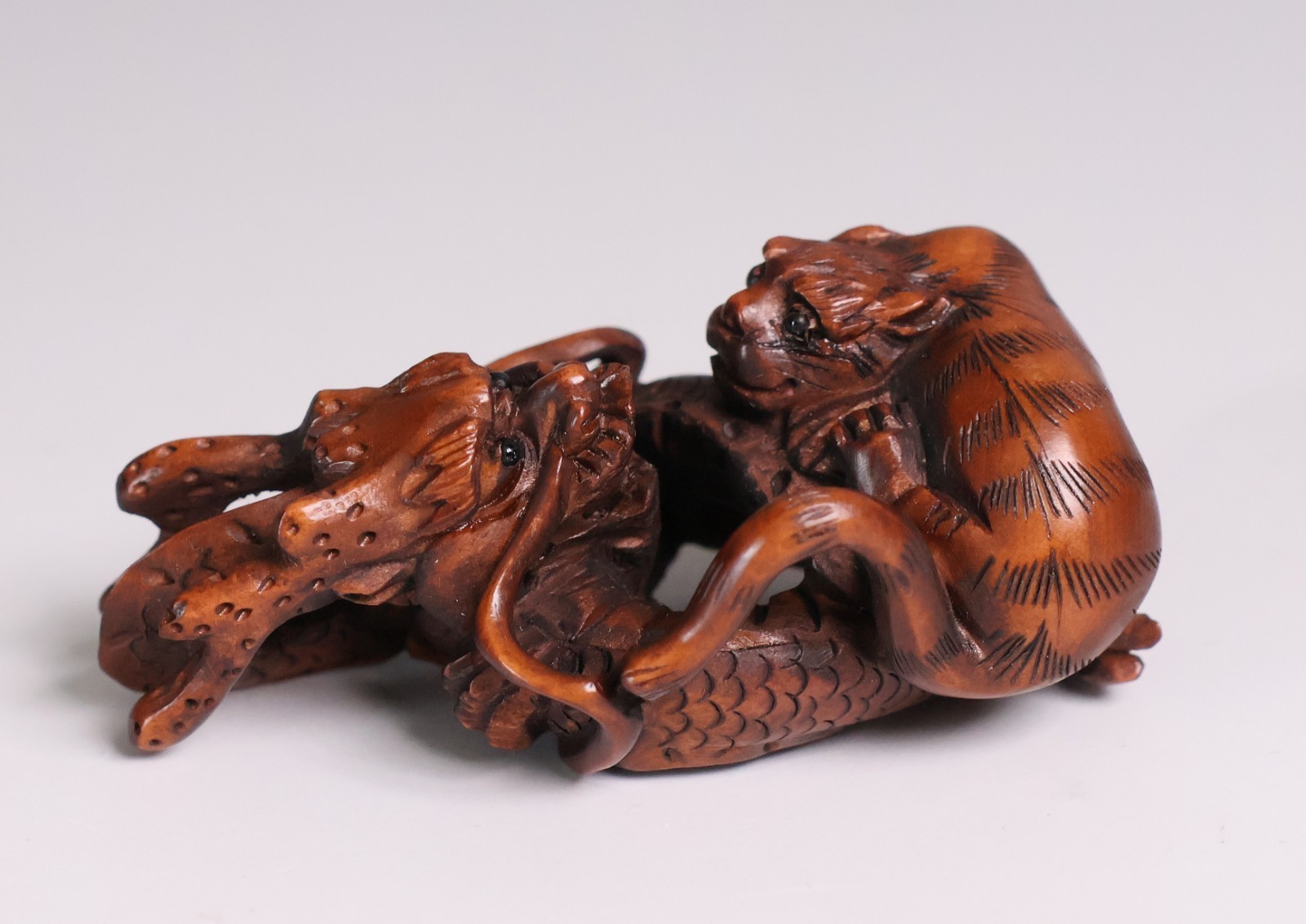 Japanese Wood Carving Dragon&Tiger Netsuke 2.24inch Ojime Figurine By Yamaguchi
