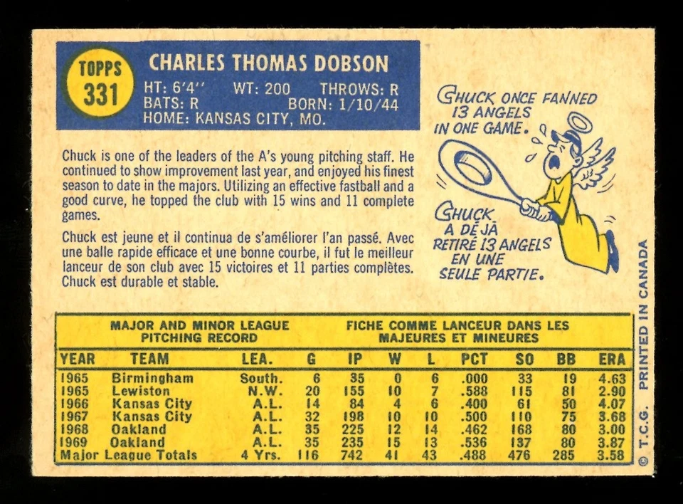 1970 TOPPS OPC O PEE CHEE MLB BASEBALL #331 CHUCK DOBSON NM-MT OAKLAND A'S Card - Image 2 of 2