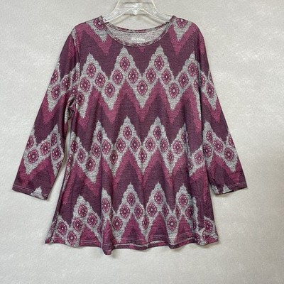Kim Rogers Top 90s Style Stretch Women s M 3/4 Sleeve Zigzag Gray & Purple Funky