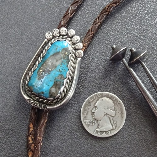 Vintage BOLO TIE Sterling Silver MORENCI TURQUOISE Brown Leather Cord 925 Tips