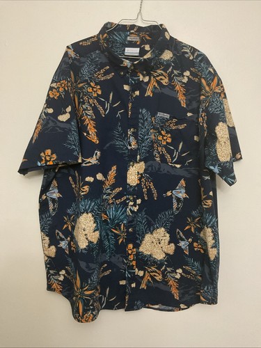 Columbia Mens Regular fit Short Sleeve Button-Up Shirt XXL Blue Floral Hawaiian - Picture 13 of 21
