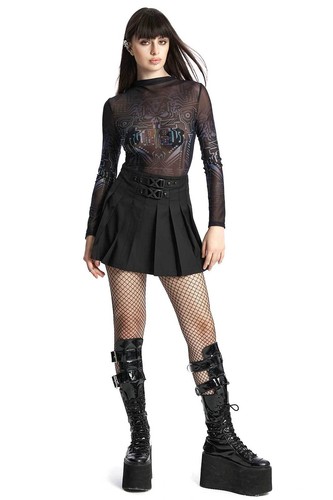PUNK RAVE Cyber Mesh Top Gothic Mesh Top Black Sheer SciFi Print NEOGOTH - Picture 5 of 9