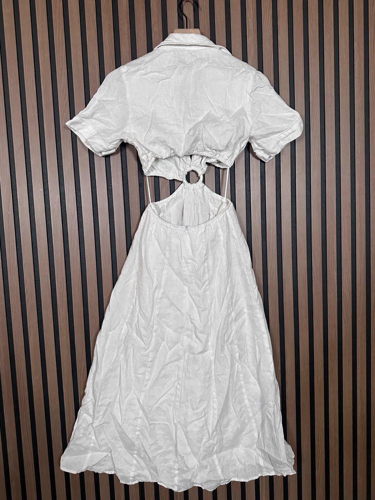 Dissh Shirt Dress US 4 / S Womens White !00% Linen Cut Out Waist A Line Maxi