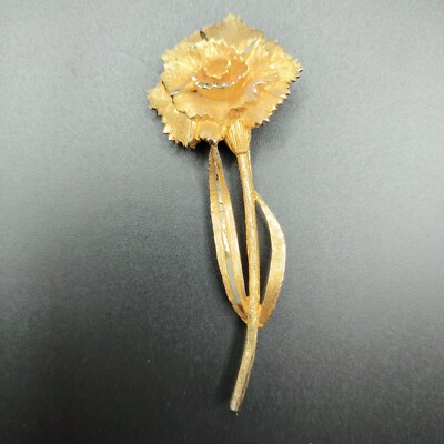 Crown R.S K. Signed 3D Vintage Brooch Brushed Gold Tone Carnation Flower 