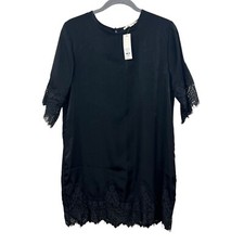 Francesca Miami Mini Shift Dress Satin Finish Lace Hem and Sleeve Black Women S