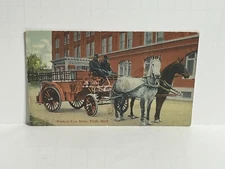 Central Fire Team Horse Wagon Fire Engine Flint Michigan MI Postcard B12