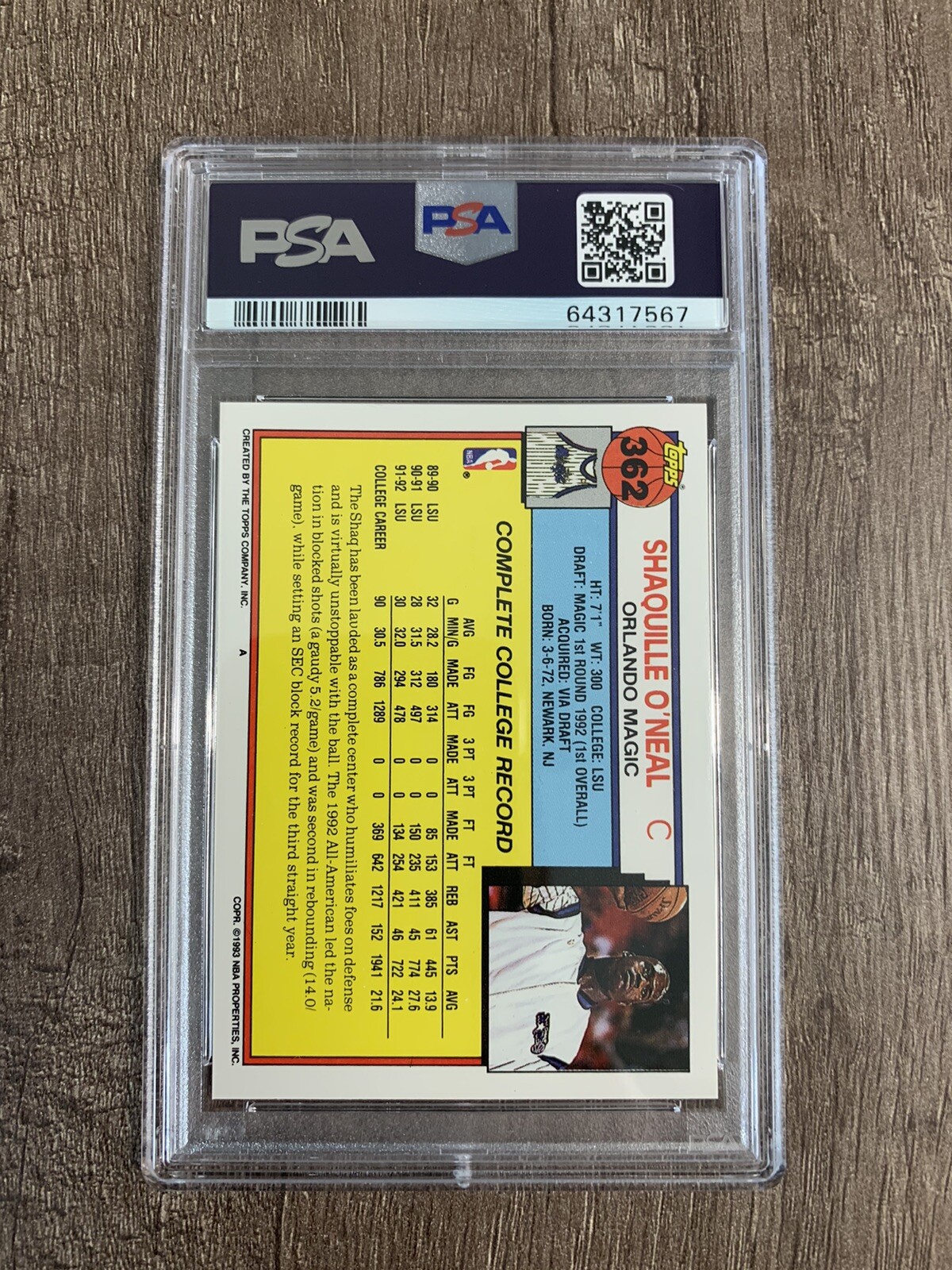 1992 93 Topps 362 Shaquille O Neal ROOKIE RC PSA 10 Graded Card NBA 