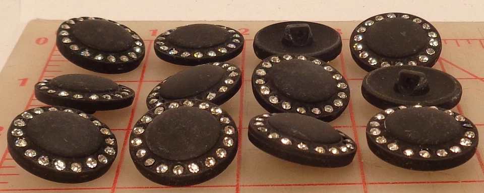 12 Vintage Czech glass rhinestone buttons matte black shank 456 7/8" 23mm clear - Image 3 of 4